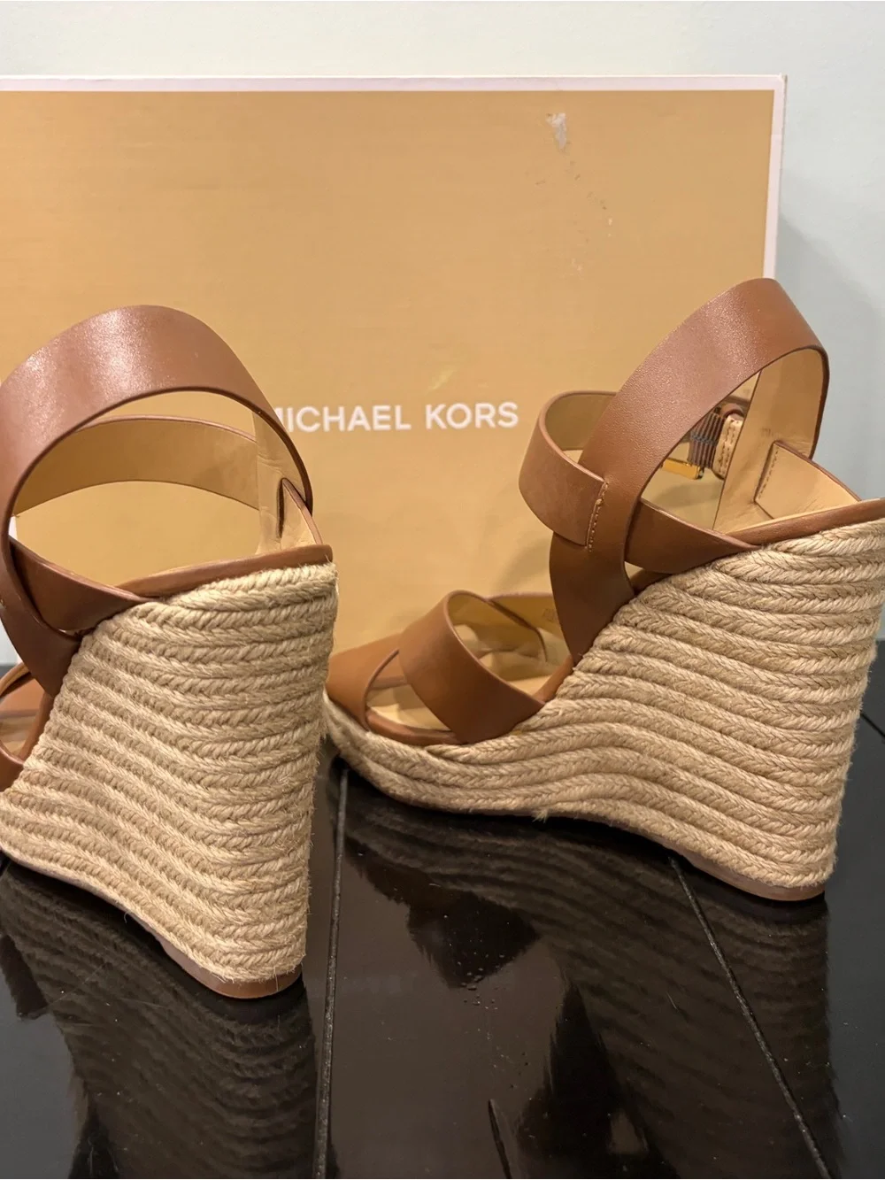 Michael Kors Brown Leather Espadrille Wedge Sandals